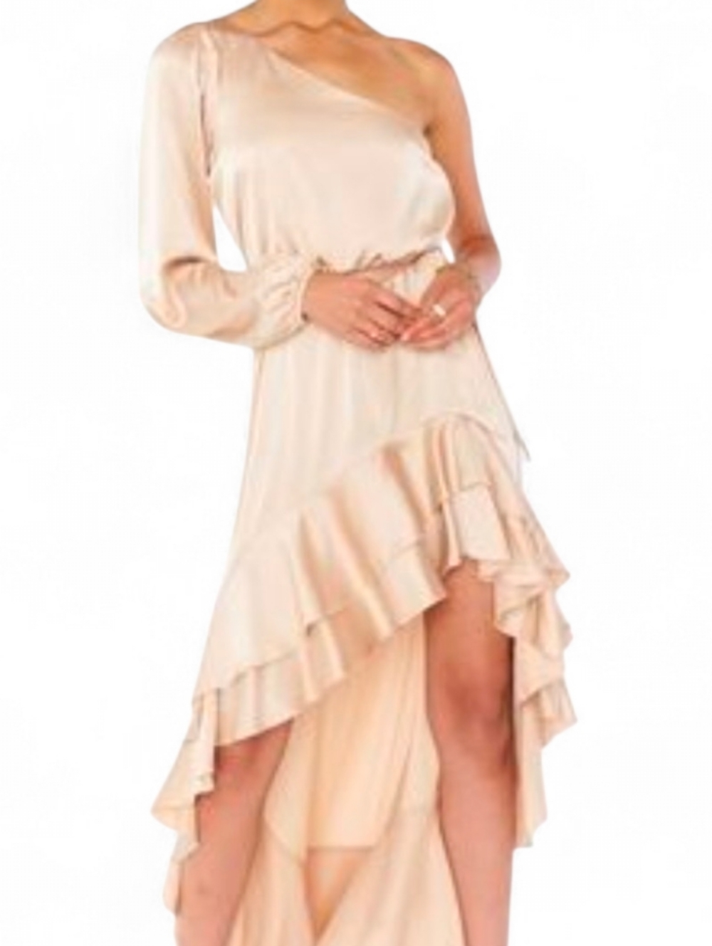 NWT SHOW ME YOUR MUMU Stunner Champagne One Shoulder Ruffle Dress - Small